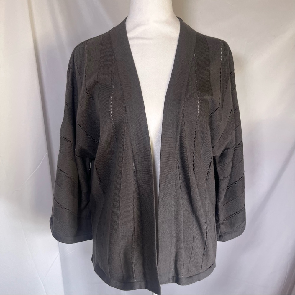 Roxy 3/4 Sleeve Open Striped Knit Cardigan Gray Green Size Medium